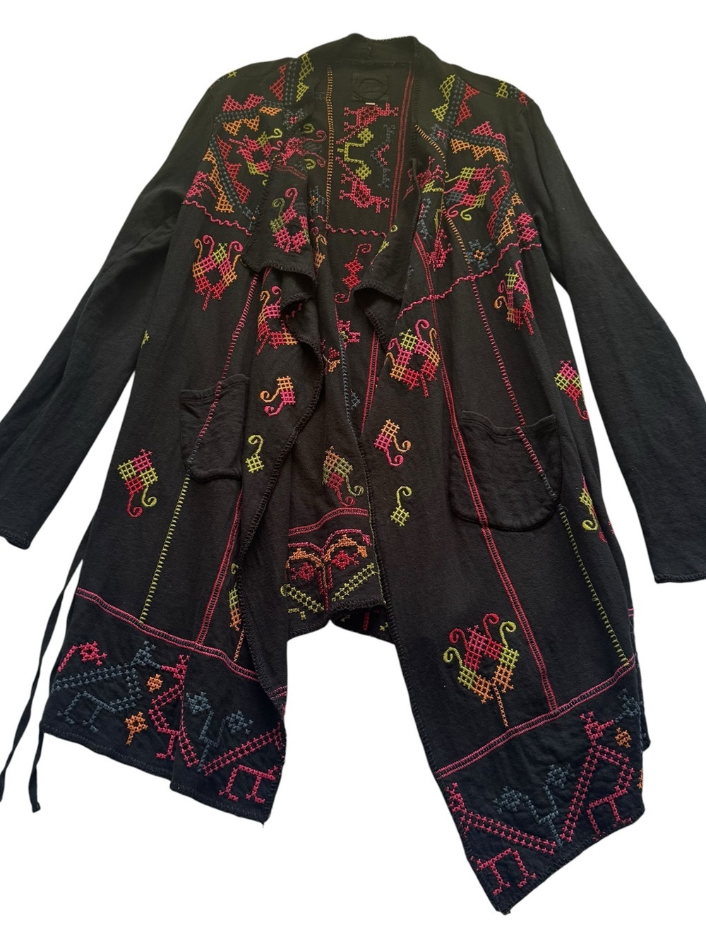 Biya By Johnny Was Black Embroidered Tie Closure with Pockets Cardigan Size M - Picture 10 of 10